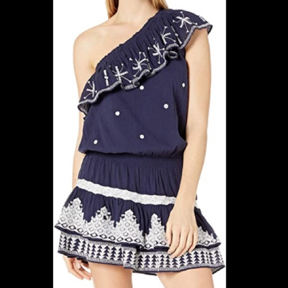 NWT Joie Navy Embroidery Ruffle One Shoulder Dress